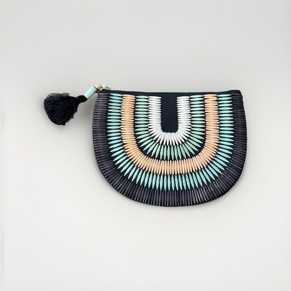 Stella & Dot Navy Beaded Clutch Purse Lined Zip Crescent Beach 7.5x10.5